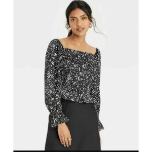 280 A New Day Black Smocked Long Sleeve Top – Square Neck Floral Print Blouse
